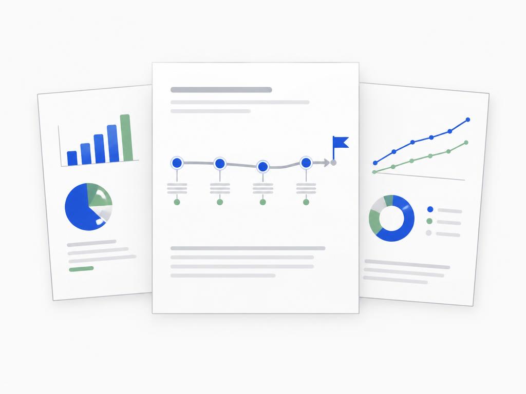 A roadmap connecting milestones to a goal, with supporting growth charts