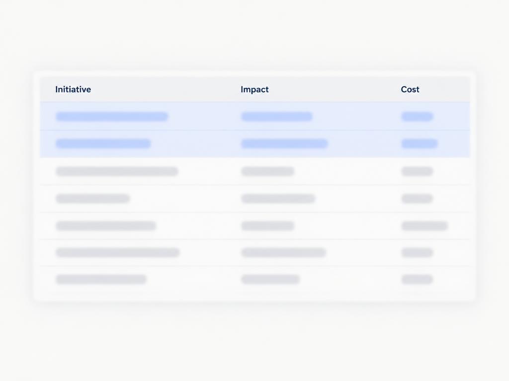 A blurred spreadsheet with Initiative, Impact, and Cost columns, top rows highlighted